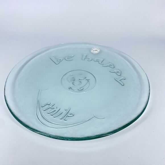 San Miguel Recycled Glass Dinner Plates Green Tint Spain Set 4 Be Happy Smile - Picture 1 of 6
